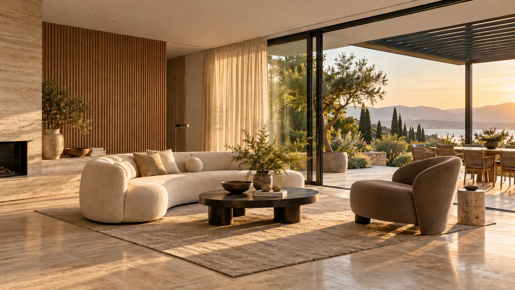 Wohninspiration: heller Wohnraum mit taupefarbenem Sessel und Blick auf eine überdachte Terrasse